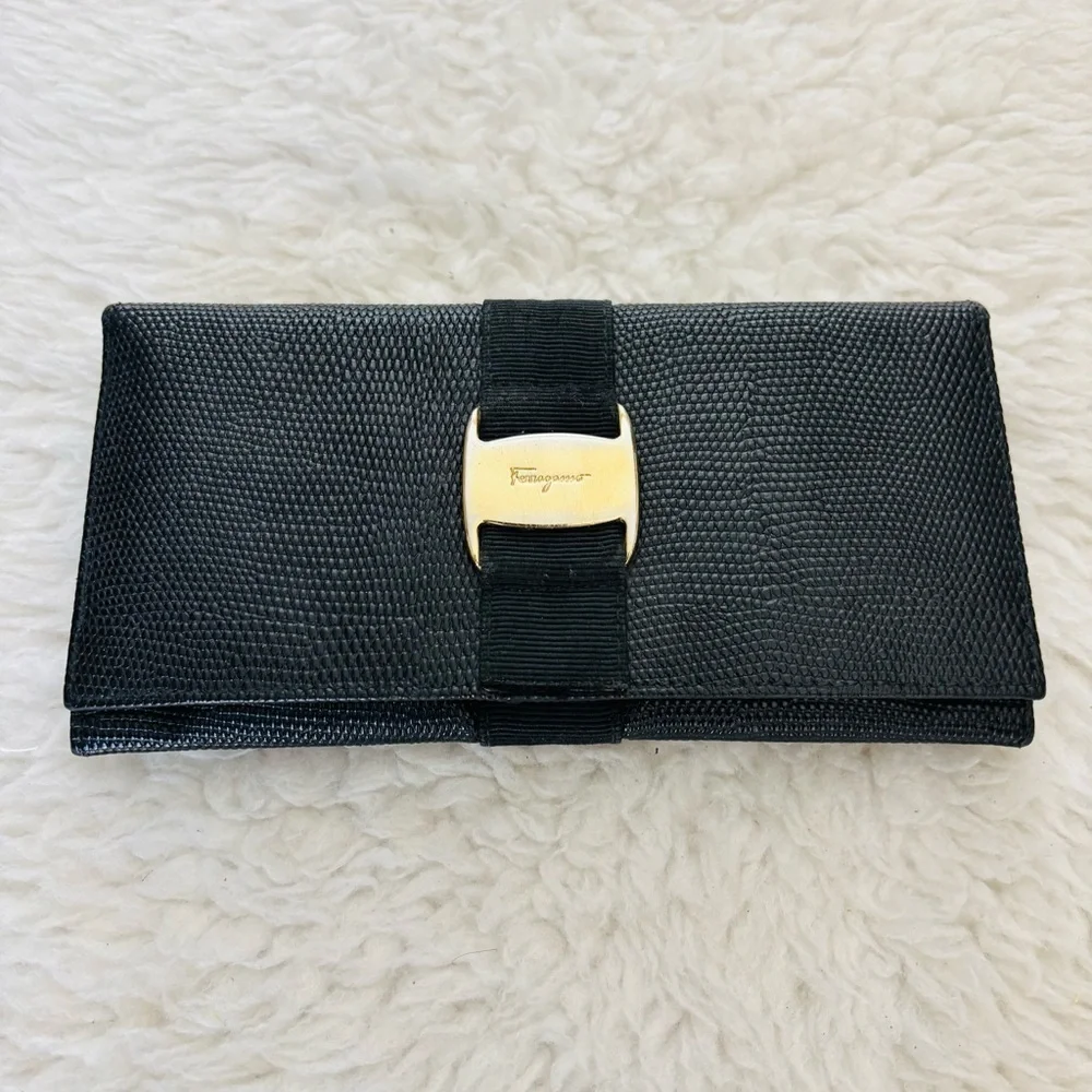 Ferragamo Black Grain Leather Women’s Long Wallet